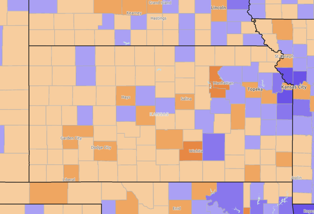 A map of Kansas showing net migration by county